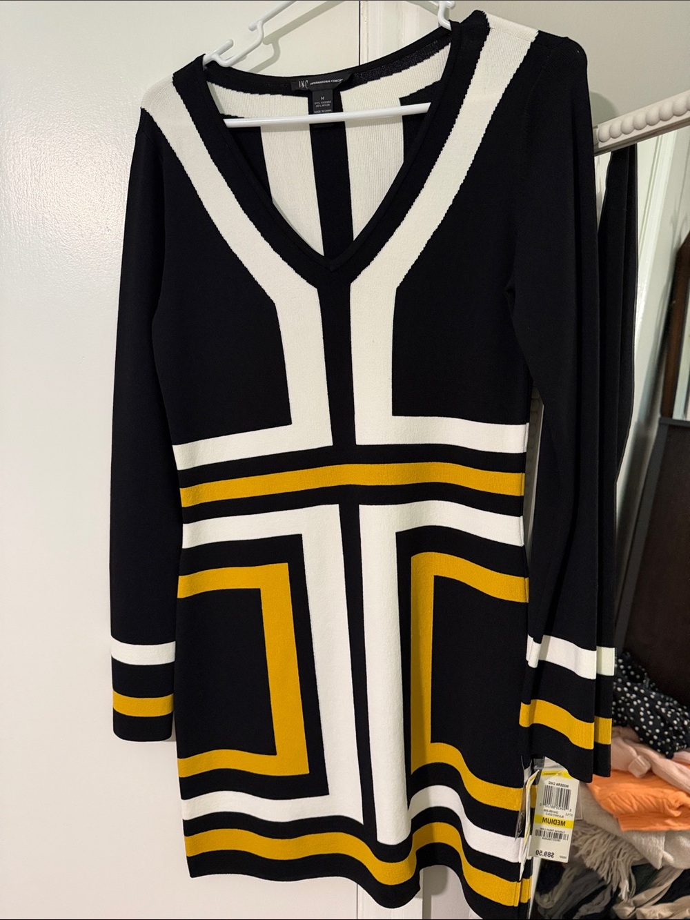 INC Black, White & Mustard Geometric V-Neck Sweater Dress